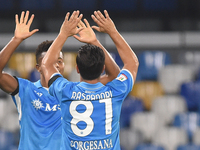 David Neres and Giovanni Simeone of SSC Napoli celebrate after scoring during the Coppa Italia match between SSC Napoli and Palermo FC at St...