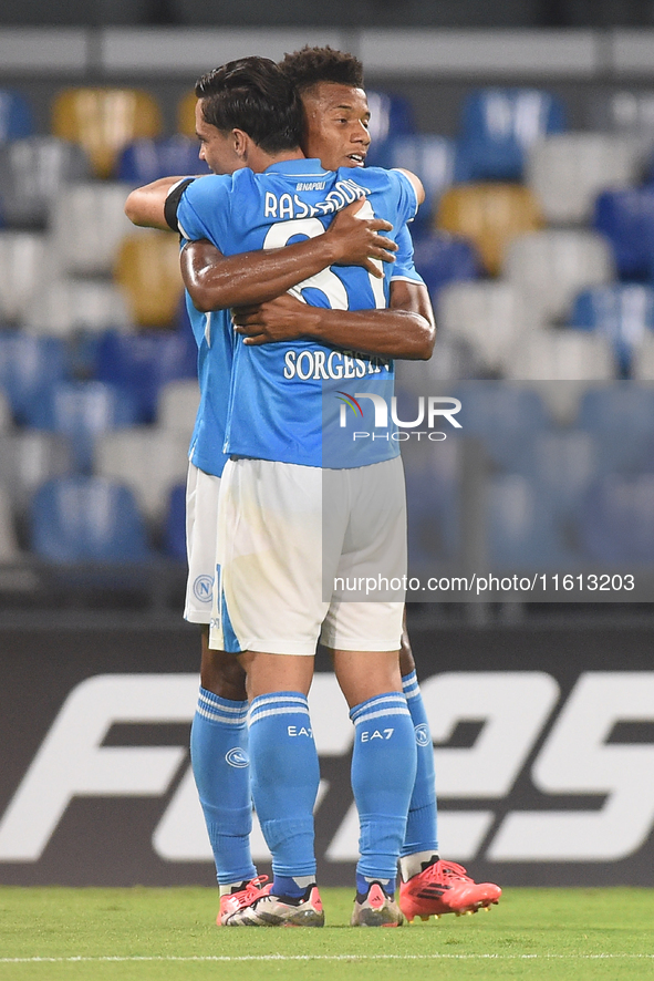 David Neres and Giacomo Raspadori of SSC Napoli celebrate after scoring during the Coppa Italia match between SSC Napoli and Palermo FC at S...