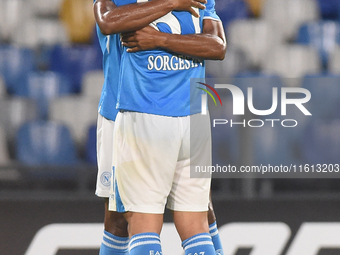 David Neres and Giacomo Raspadori of SSC Napoli celebrate after scoring during the Coppa Italia match between SSC Napoli and Palermo FC at S...