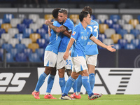 David Neres of SSC Napoli celebrates with team mates after scoring during the Coppa Italia match between SSC Napoli and Palermo FC at Stadio...