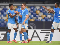 David Neres of SSC Napoli celebrates with team mates after scoring during the Coppa Italia match between SSC Napoli and Palermo FC at Stadio...