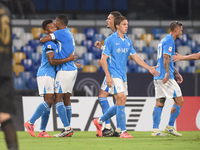 David Neres of SSC Napoli celebrates with team mates after scoring during the Coppa Italia match between SSC Napoli and Palermo FC at Stadio...