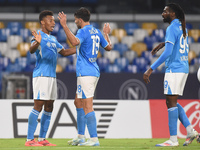 David Neres of SSC Napoli celebrates with team mates after scoring during the Coppa Italia match between SSC Napoli and Palermo FC at Stadio...