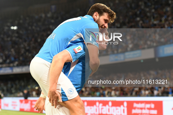 Scott McTominay and Khvicha Kvaratskhelia of SSC Napoli celebrates after scoring during the Coppa Italia match between SSC Napoli and Palerm...