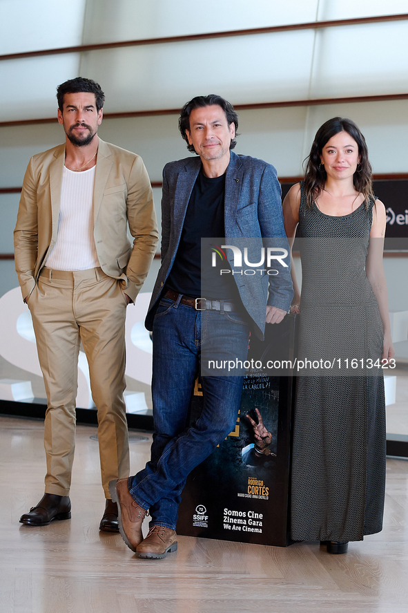 Anna Castillo, Mario Casas, and Rodrigo Cortes attend the photocall for ''Escape'' during the 72nd San Sebastian International Film Festival...