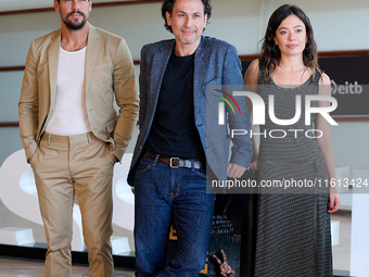 Anna Castillo, Mario Casas, and Rodrigo Cortes attend the photocall for ''Escape'' during the 72nd San Sebastian International Film Festival...