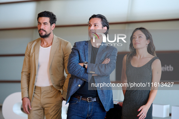 Anna Castillo, Mario Casas, and Rodrigo Cortes attend the photocall for ''Escape'' during the 72nd San Sebastian International Film Festival...