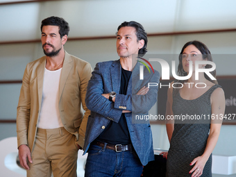 Anna Castillo, Mario Casas, and Rodrigo Cortes attend the photocall for ''Escape'' during the 72nd San Sebastian International Film Festival...