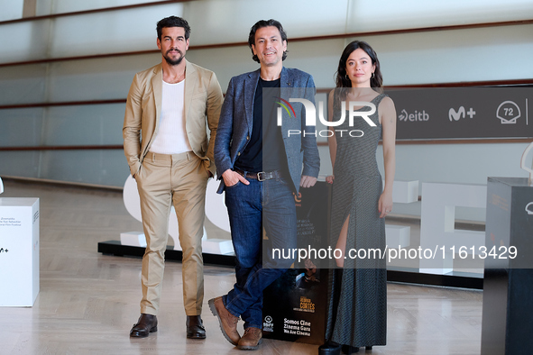 Anna Castillo, Mario Casas, and Rodrigo Cortes attend the photocall for ''Escape'' during the 72nd San Sebastian International Film Festival...