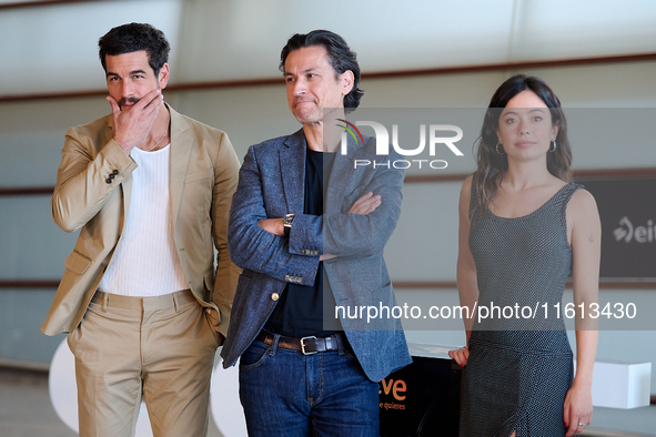 Anna Castillo, Mario Casas, and Rodrigo Cortes attend the photocall for ''Escape'' during the 72nd San Sebastian International Film Festival...