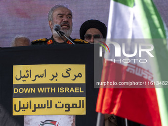 Deputy commander-in-chief of the Islamic Revolutionary Guard Corps (IRGC), Ali Fadavi, speaks in an anti-Israeli protest to condemn Israel's...