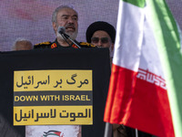 Deputy commander-in-chief of the Islamic Revolutionary Guard Corps (IRGC), Ali Fadavi, speaks in an anti-Israeli protest to condemn Israel's...