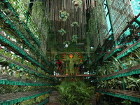 Artisans decorate an idol of the Hindu goddess Durga with eight thousand natural plants to raise awareness about global deforestation, clima...