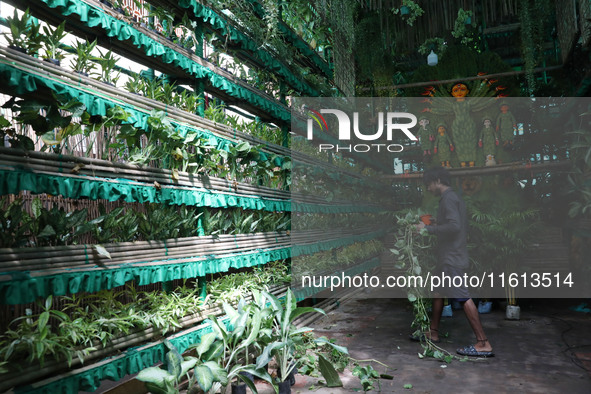 An artisan decorates a pandal with eight thousand natural plants to raise awareness about global deforestation, climate change, the importan...