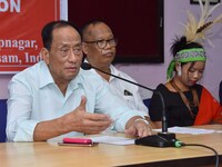 Rajkumar Meghen, Chairman of the North East Sports Foundation, addresses a press meet in Guwahati, India, on September 27, 2024. (