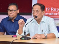 Rajkumar Meghen, Chairman of the North East Sports Foundation, addresses a press meet in Guwahati, India, on September 27, 2024. (