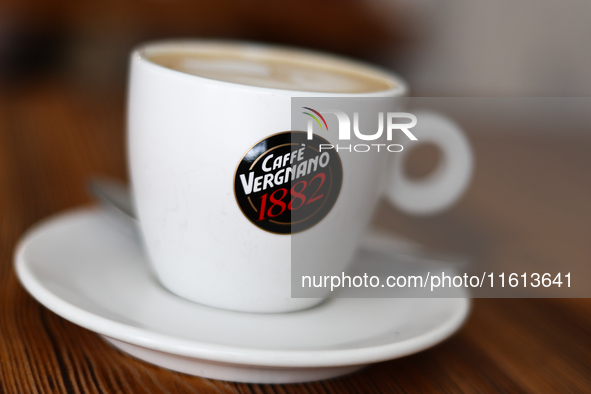 Caffe Vergnano logo is seen on a cup of cappucino in this illustration photo taken at a cafe in Krakow, Poland on September 26, 2024. 