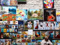 A view of the street gallery with paintings in Krakow in Krakow, Poland on September 26, 2024. (