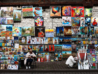 A view of the street gallery with paintings in Krakow in Krakow, Poland on September 26, 2024. (