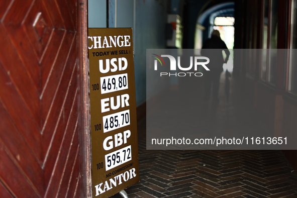 Currency exchange rates are seen in Krakow, Poland on September 26, 2024. 