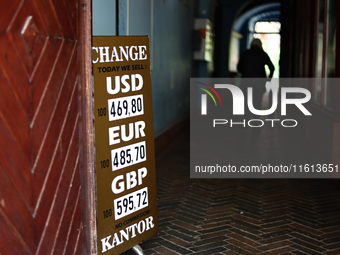 Currency exchange rates are seen in Krakow, Poland on September 26, 2024. (