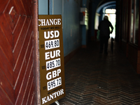 Currency exchange rates are seen in Krakow, Poland on September 26, 2024. (