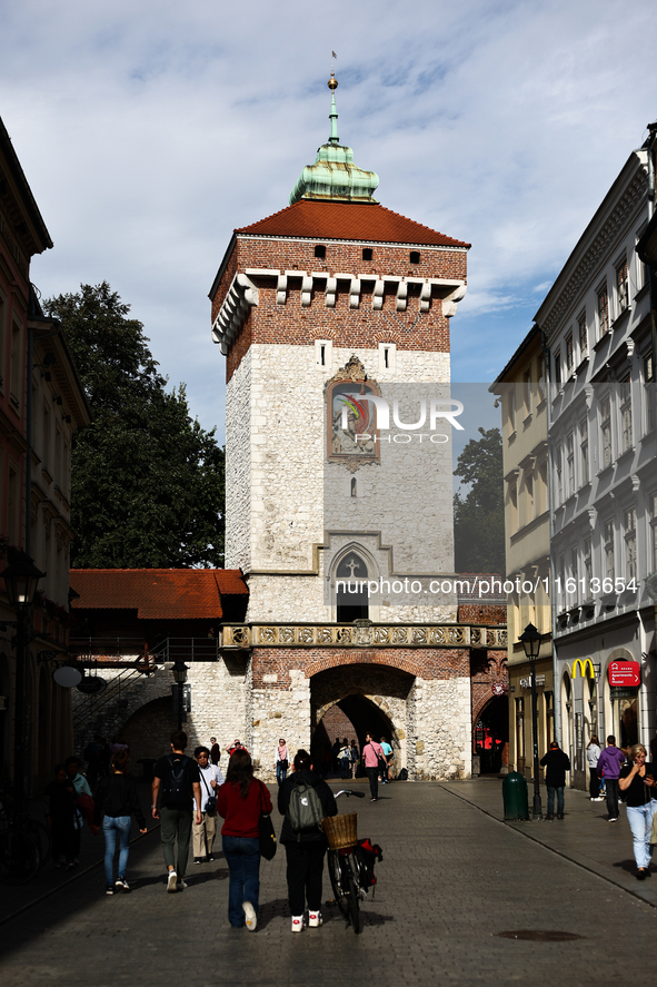 A view of the Saint Florian Gate in Krakow, Poland on September 26, 2024. 