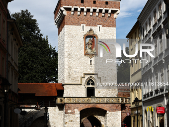 A view of the Saint Florian Gate in Krakow, Poland on September 26, 2024. (