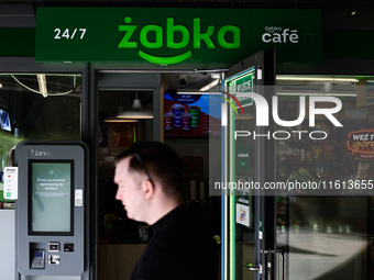 Zabka logo is seen on the store in Krakow, Poland on September 26, 2024. (