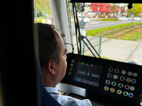 A tram operator drives a tram in Krakow, Poland on September 26, 2024. (