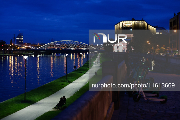 A view of the Vistula river and Stare Podgorze district in Krakow, Poland on September 26, 2024. 