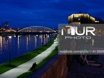 A view of the Vistula river and Stare Podgorze district in Krakow, Poland on September 26, 2024. (