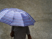 A pedestrian travels in heavy rainfall with an umbrella in Kirtipur, Kathmandu, Nepal, on September 27, 2024. (