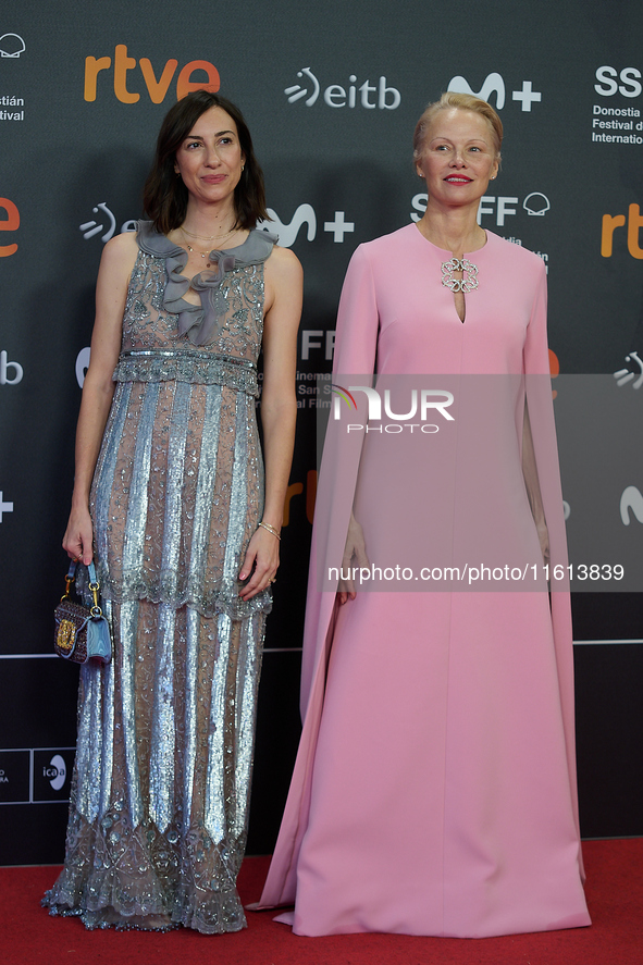 Pamela Anderson and Gia Coppola attend the red carpet for The Last Show Girl during the 72nd San Sebastian International Film Festival in Sa...