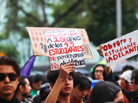 A person holds a placard while taking part in a protest in support of the parents of the rural student victims to demand justice during the...