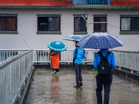 People's daily lives are affected by the heavy rainfall in Kathmandu, Nepal, on September 27, 2024. People use umbrellas and travel to their...