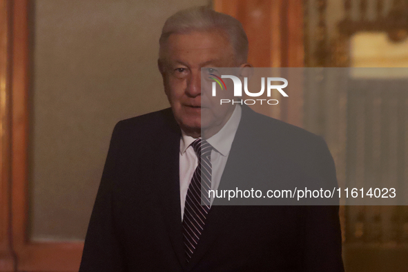 Andres Manuel Lopez Obrador, President of Mexico, during his penultimate press conference in Mexico City, Mexico, on September 27, 2024, at...