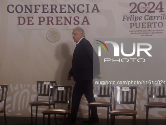 Andres Manuel Lopez Obrador, President of Mexico, during his penultimate press conference in Mexico City, Mexico, on September 27, 2024, at...