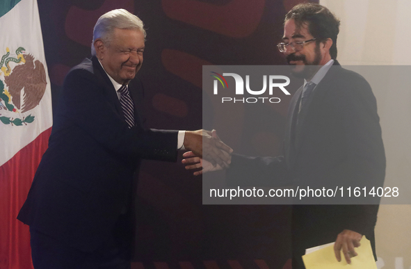 Andres Manuel Lopez Obrador (left), President of Mexico, during his penultimate press conference in Mexico City, Mexico, on September 27, 20...