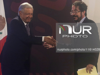 Andres Manuel Lopez Obrador (left), President of Mexico, during his penultimate press conference in Mexico City, Mexico, on September 27, 20...