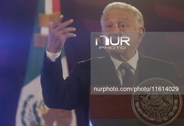 Andres Manuel Lopez Obrador, President of Mexico, during his penultimate press conference in Mexico City, Mexico, on September 27, 2024, at...