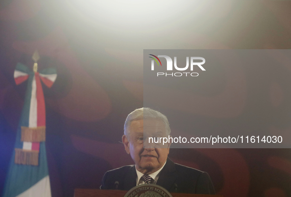 Andres Manuel Lopez Obrador, President of Mexico, during his penultimate press conference in Mexico City, Mexico, on September 27, 2024, at...