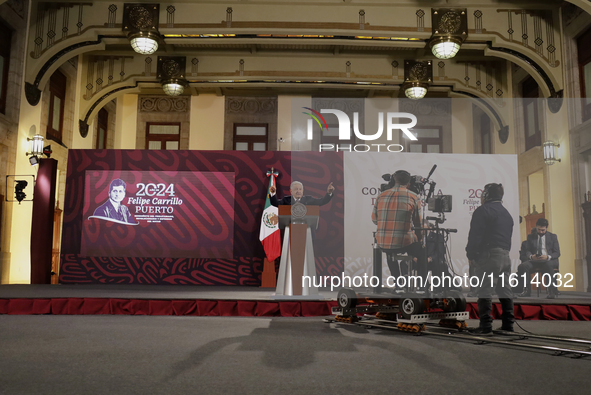 Andres Manuel Lopez Obrador, President of Mexico, during his penultimate press conference in Mexico City, Mexico, on September 27, 2024, at...