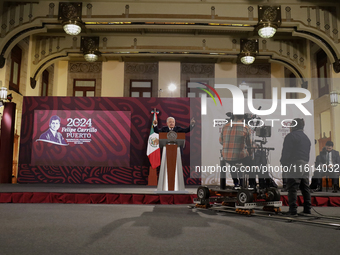 Andres Manuel Lopez Obrador, President of Mexico, during his penultimate press conference in Mexico City, Mexico, on September 27, 2024, at...