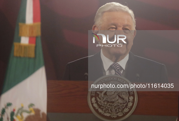 Andres Manuel Lopez Obrador, President of Mexico, during his penultimate press conference in Mexico City, Mexico, on September 27, 2024, at...