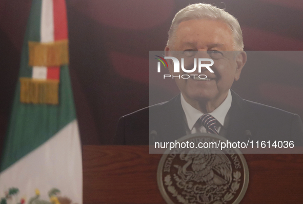 Andres Manuel Lopez Obrador, President of Mexico, during his penultimate press conference in Mexico City, Mexico, on September 27, 2024, at...