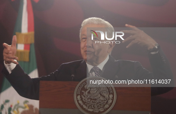 Andres Manuel Lopez Obrador, President of Mexico, during his penultimate press conference in Mexico City, Mexico, on September 27, 2024, at...