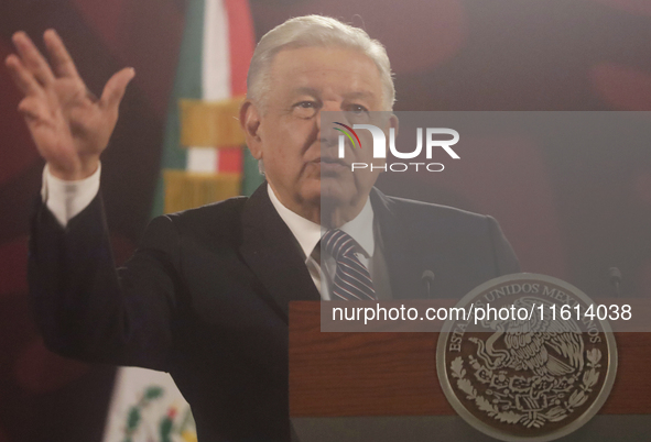 Andres Manuel Lopez Obrador, President of Mexico, during his penultimate press conference in Mexico City, Mexico, on September 27, 2024, at...