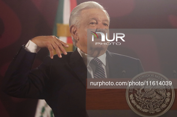 Andres Manuel Lopez Obrador, President of Mexico, during his penultimate press conference in Mexico City, Mexico, on September 27, 2024, at...