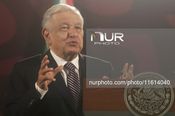 Andres Manuel Lopez Obrador, President of Mexico, during his penultimate press conference in Mexico City, Mexico, on September 27, 2024, at...